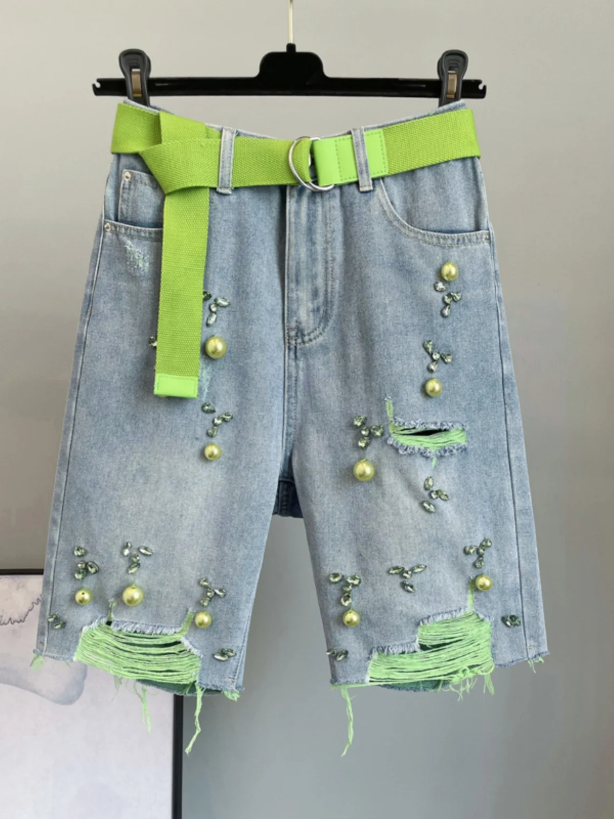 

High Waist Handmade Rhinestone Denim orts Women's Summer New Loose Fit een Cotton Polyester Blend Straight Leg Jeans