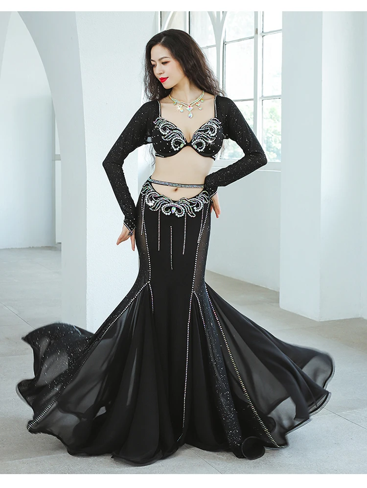 Black Egyptian Belly Dance Costume Set Women Oriental Dance Outfit Group Competition Diamond Costume Long Sleeves Fishtail Skirt