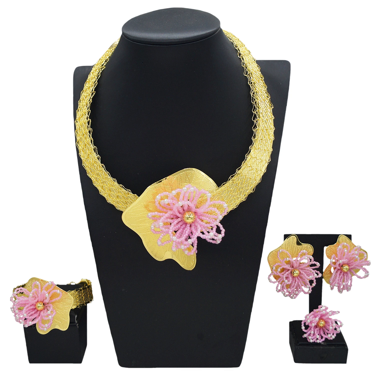 Yulaili Foreign style new jewelry set Italian gold-plated pink hand-beaded flower elements Dubai women's birthday party necklace