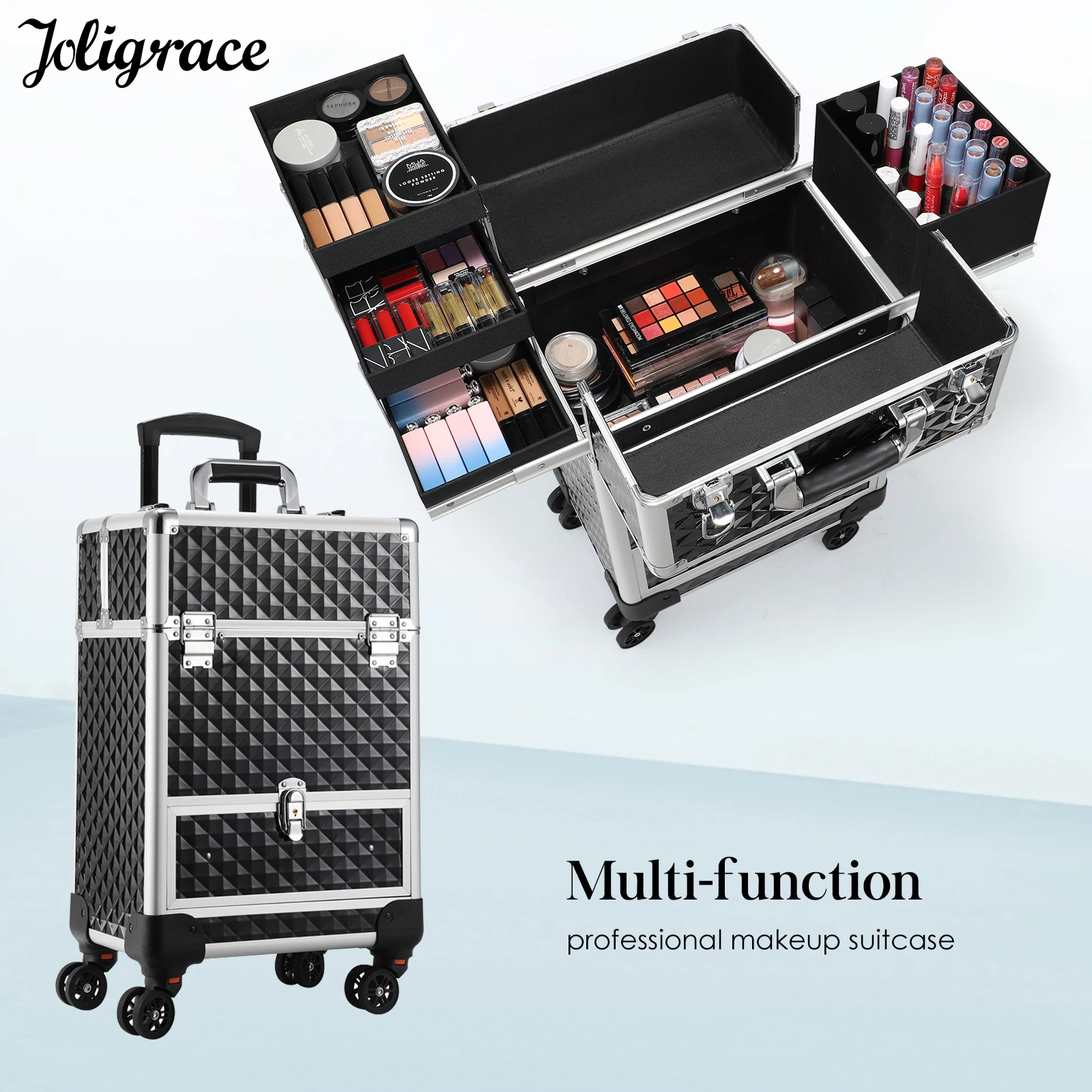 Professional Makeup Suitcase with Wheels Large Storage Cosmetic Trolley with Slide Drawer Lock Rolling Make-up Case Nail Tech