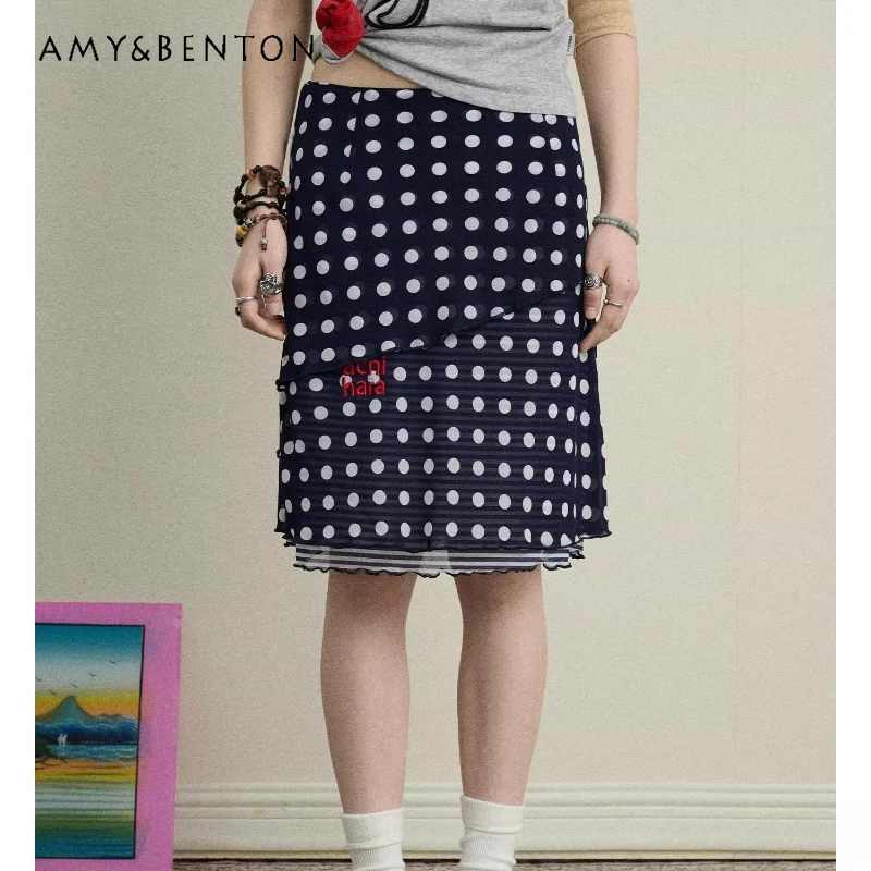 

Summer New Blue Polka Dot Irregular Women's Skirt American Retro Design Mid-Waist Slimming Versatile Sweet A-Line Skirts Ladies