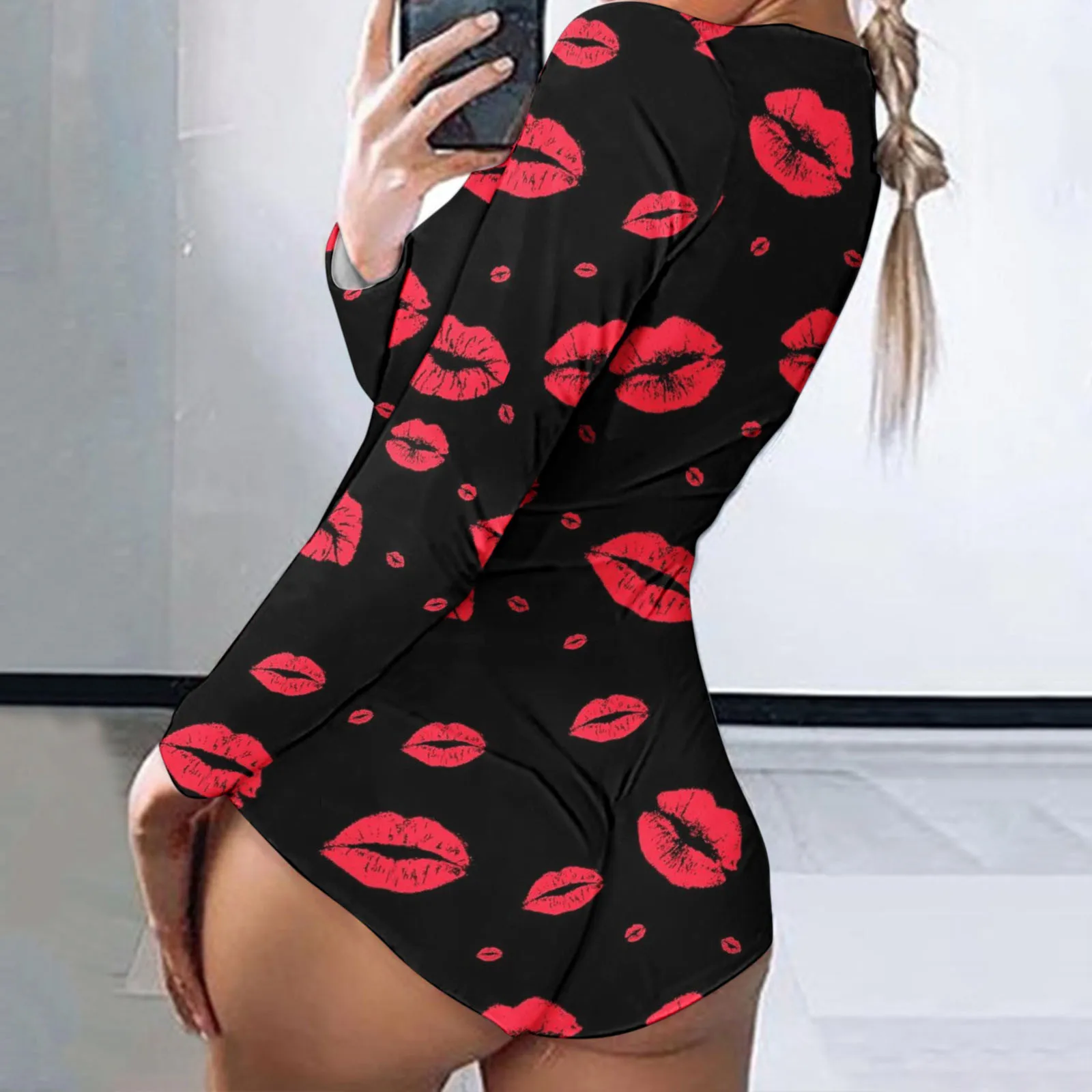 

2024 Valentine'S Day Sexy Bodycon Playsuits Long Sleeve Butt Flap Rompers Women Sleepwear One Piece Nightwear Outfits