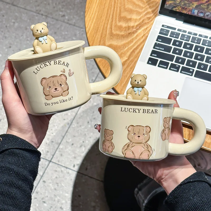 

Korean Cute Bear Ceramic Mug with Lid for Girl Breakfast Milk Coffee Mug Birthday Gift