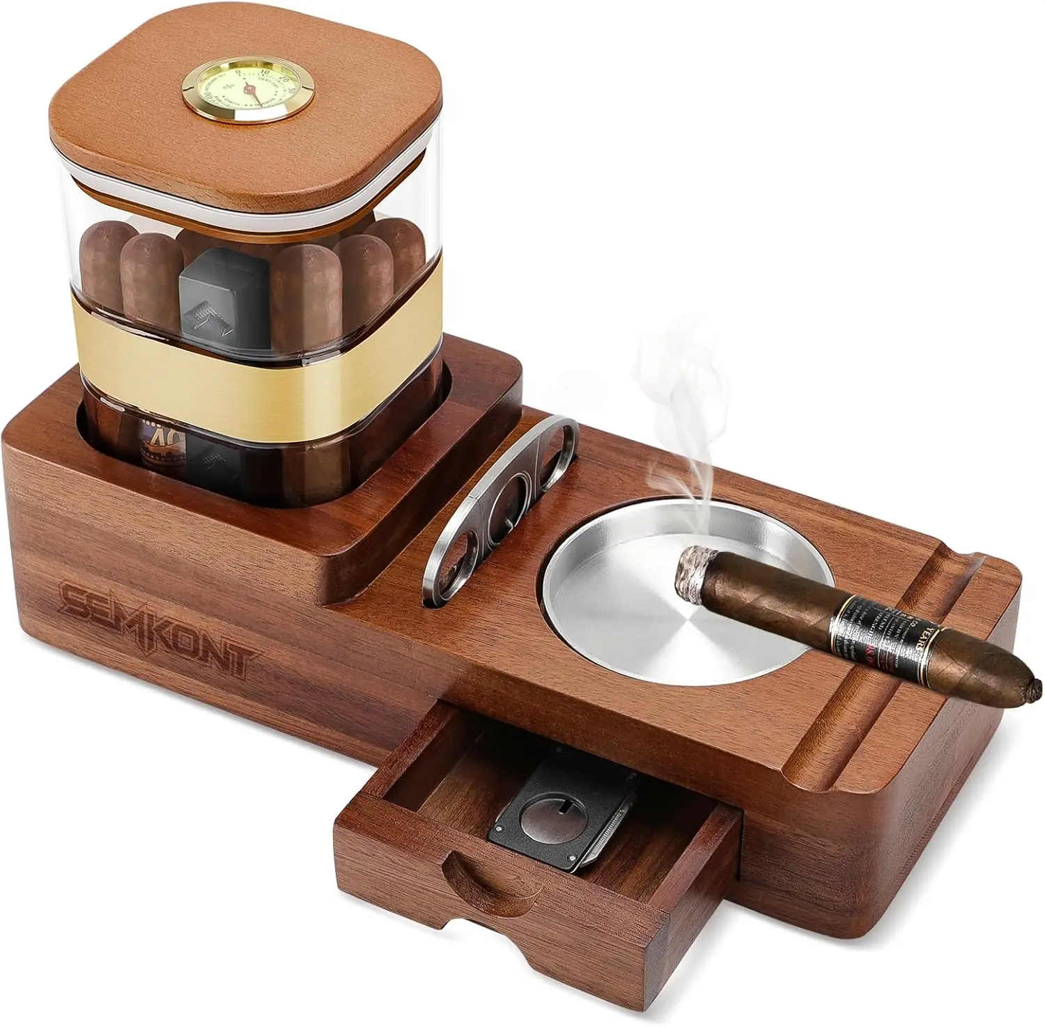 

Wooden Cigar Humidor Tray Set with Acrylic Jar, Ashtray, Cutter Holder and Drawer - Home Gift for Men