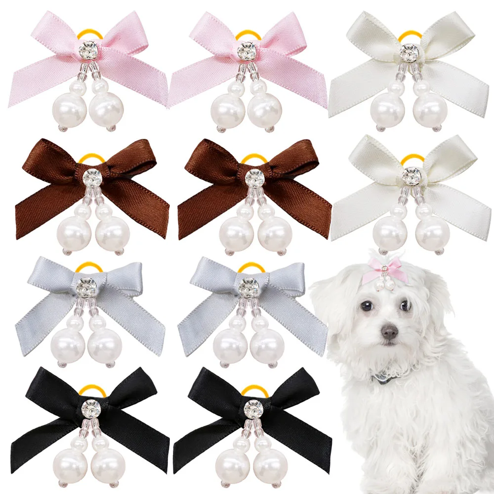 10PCS Zufällige Farbe Hund Bögen Mit Gummibänder Frühling Welpen Bögen Perle Kragen Zubehör Für Hunde Haustier Hund Bowknots