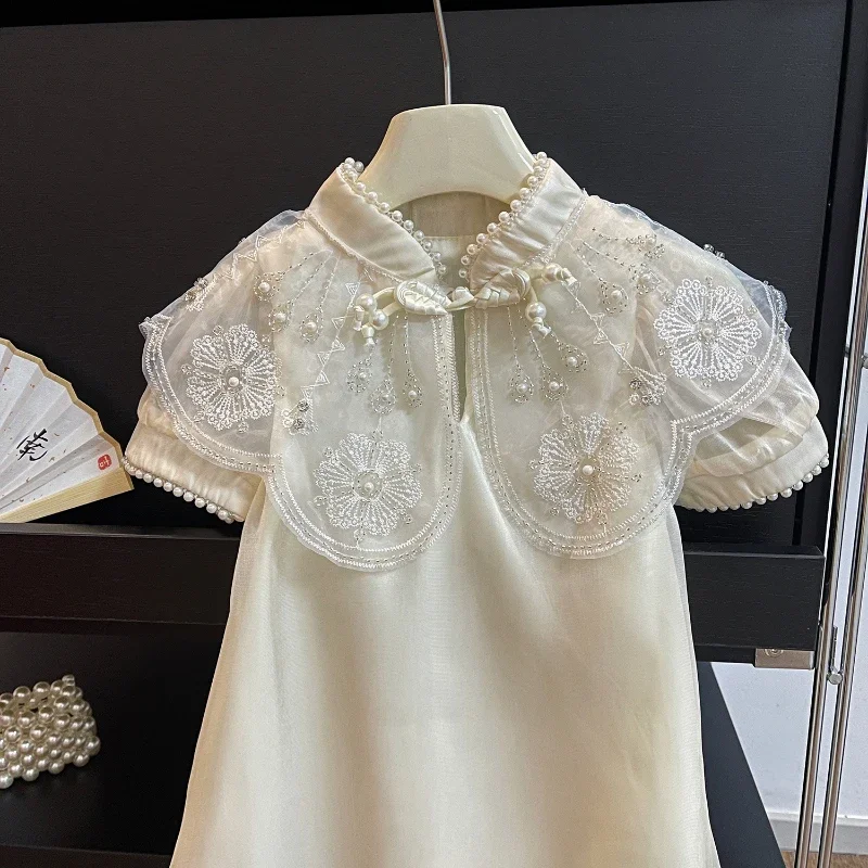 Vestido de ombro infantil, Princesa Cheongsam, Roupa de menina, Roupa de verão, Novo