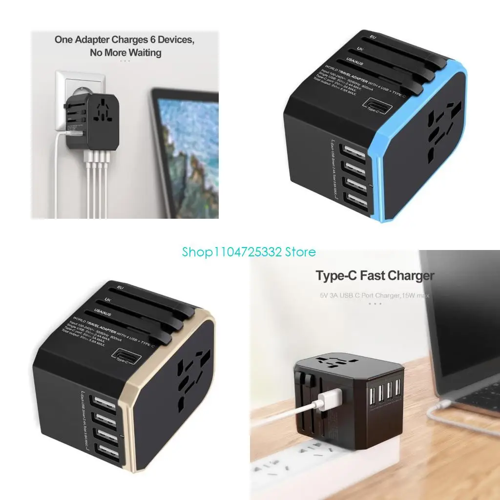 

P5EA Портативная вилка питания для путешествий, международный адаптер розетки, 1 порт USB C и 4 порта USB A для зарядки по всему