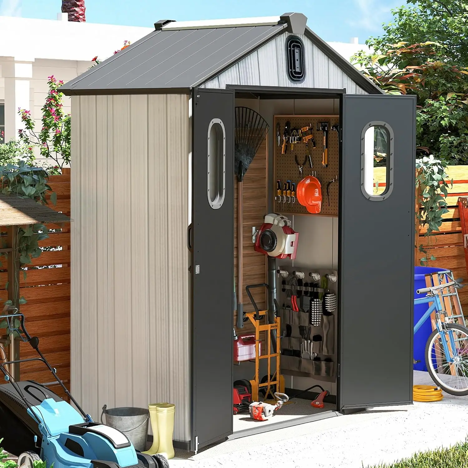 5x3 FT Resin Storage Shed All Weather Double Wall Lockable Ventilated Backyard Garden Tools Bike Pool Customized