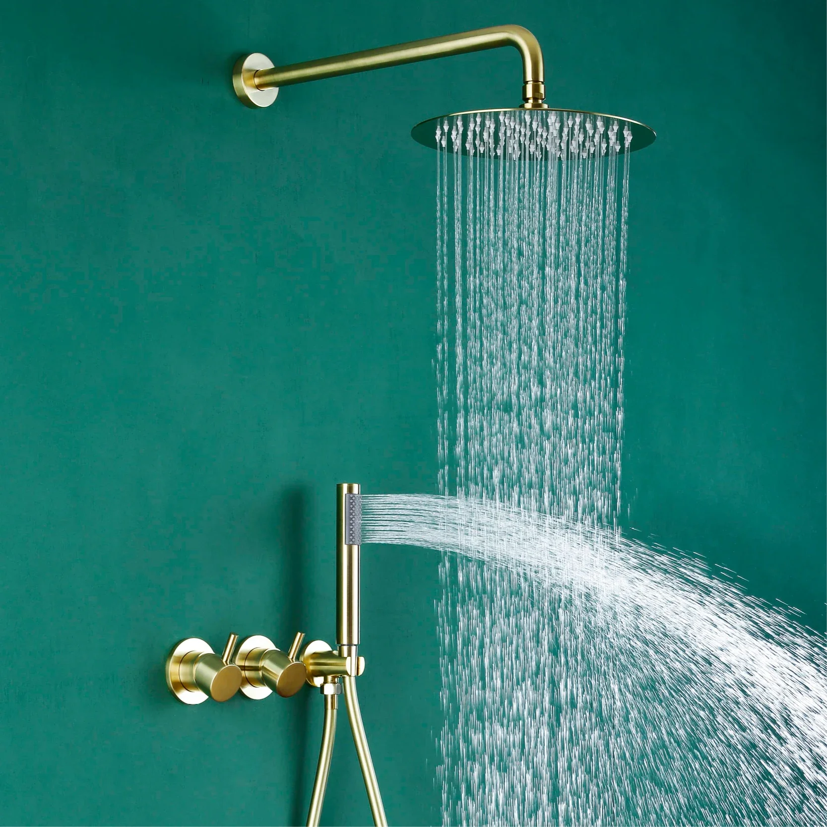 

Minimalist Gun Grey Brass Shower System, Two Function Rain And Handheld Showerhead, Hot Cold Water Wall Mounted