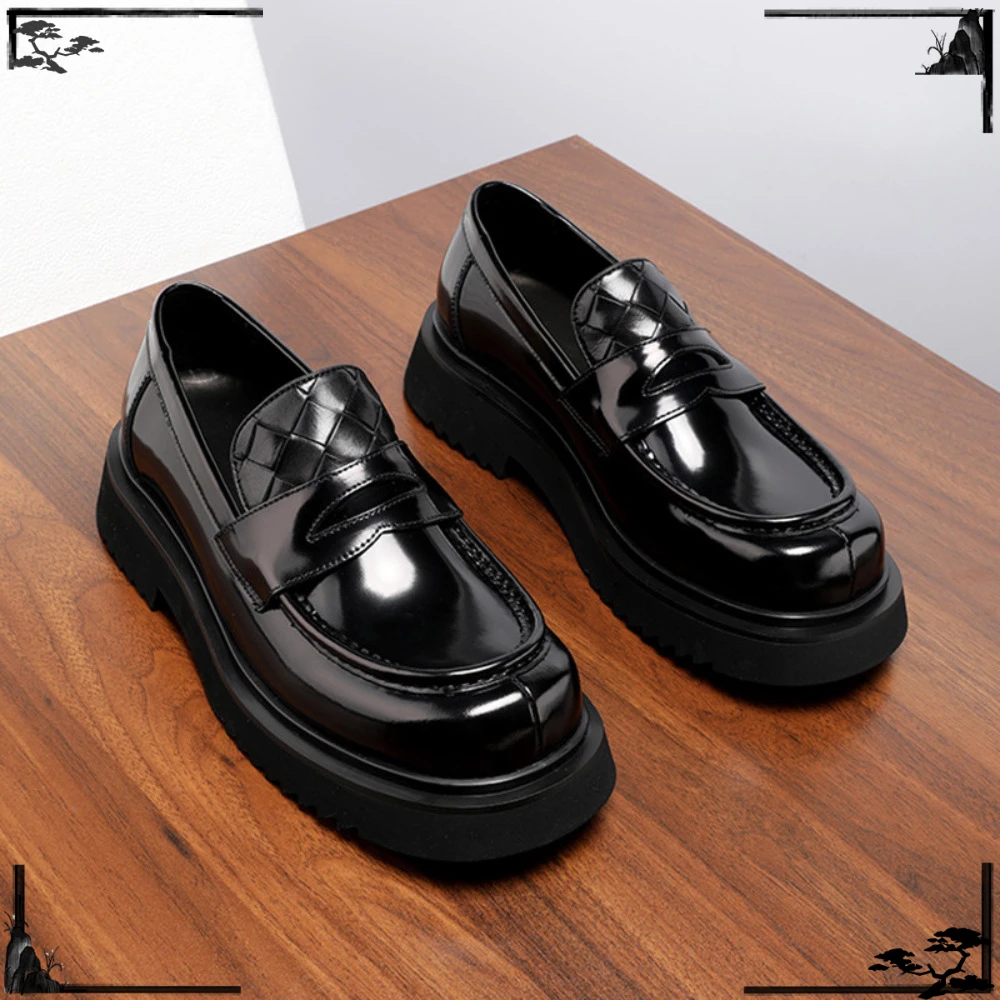 Genuine Full Grain Leather Mens Loafers New Summer Bright Face Thick Sole Business Casual Dress Shoes Versatile Trendy