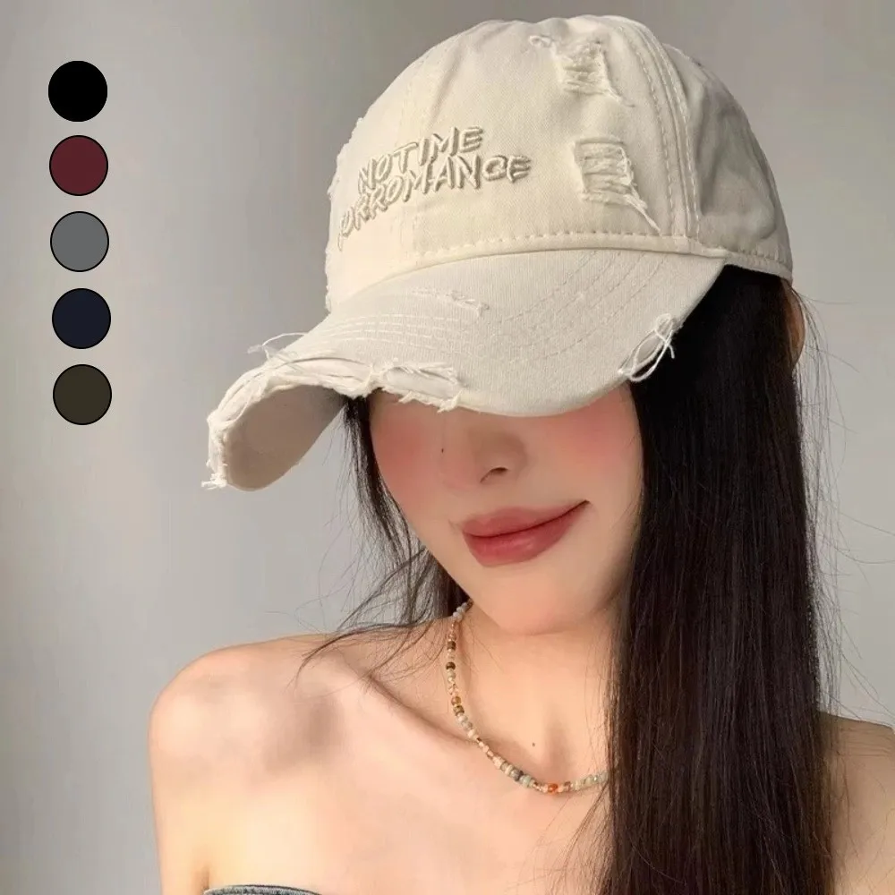 Casual Adjustable Ripped Baseball Cap Korean Alphabet Embroidery Holes Peaked Cap Vintage Washed Cotton Snapback Cap Streetwear