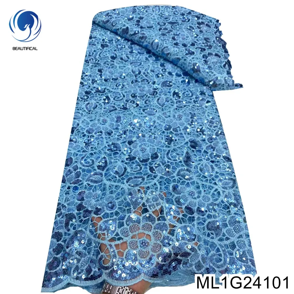 

2024 Hot Selling African Sequins Guipure Water Soluble Cord Fashion French Bead Lace Embroidered Fabric for Party Dress ML1G241