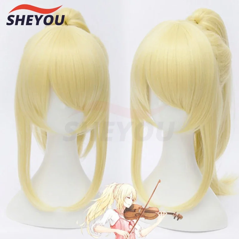 Your lie in April Miyazono Kaori Light Golden Blonde Clip Ponytail Heat Resistant Cosplay Costume Wigs Wig Cap