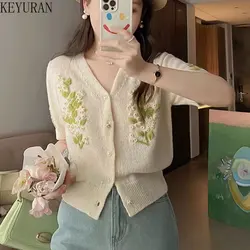 Summer Embroidery Flower Knitted Cardigan Women 2023 New Korean Fashion V-Neck Short Sleeve sweater Knitwear Tops Ladies Jumpers