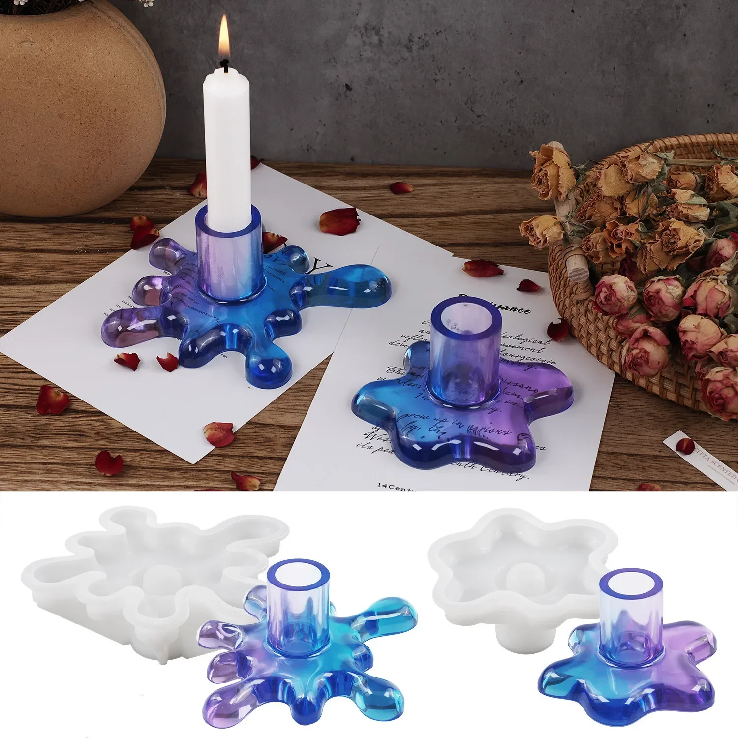 DIY Crystal Epoxy Resin Mold Water Epoxy Water Flow Modeling Candle Holder Mirror Surface Silicone Mold