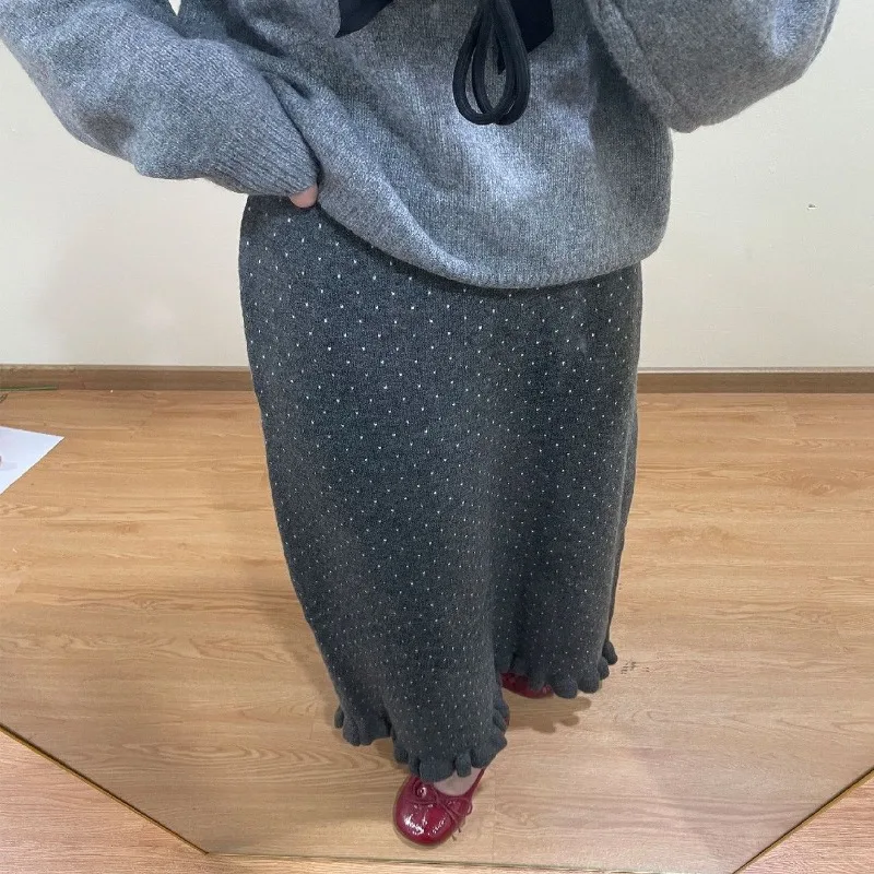 Women Polka Dot Knit Midi Skirt Ruffle Hem Straight Soft Versatile Skirt