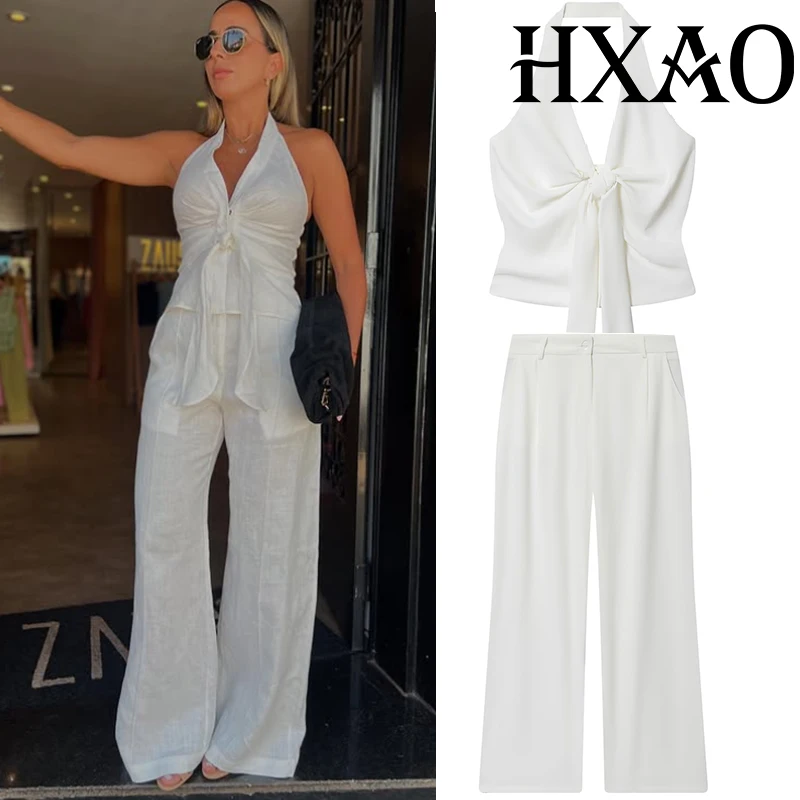 

HXAO Белые брюки Новый комплект из 2-х предметов с завязками на бретельках Майки и майки Офисные мешковатые женские брюки Комплект из двух предметов Женский топ с открытой спиной