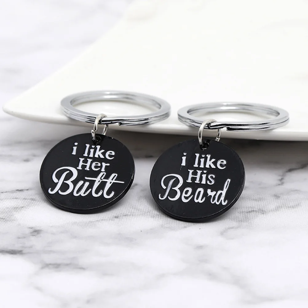 4pcs Fashion I Like Her Butt Keychains I Like His Beard Couple Alloy Key Ring Valentine's Gift for Lovers Couple (Black)