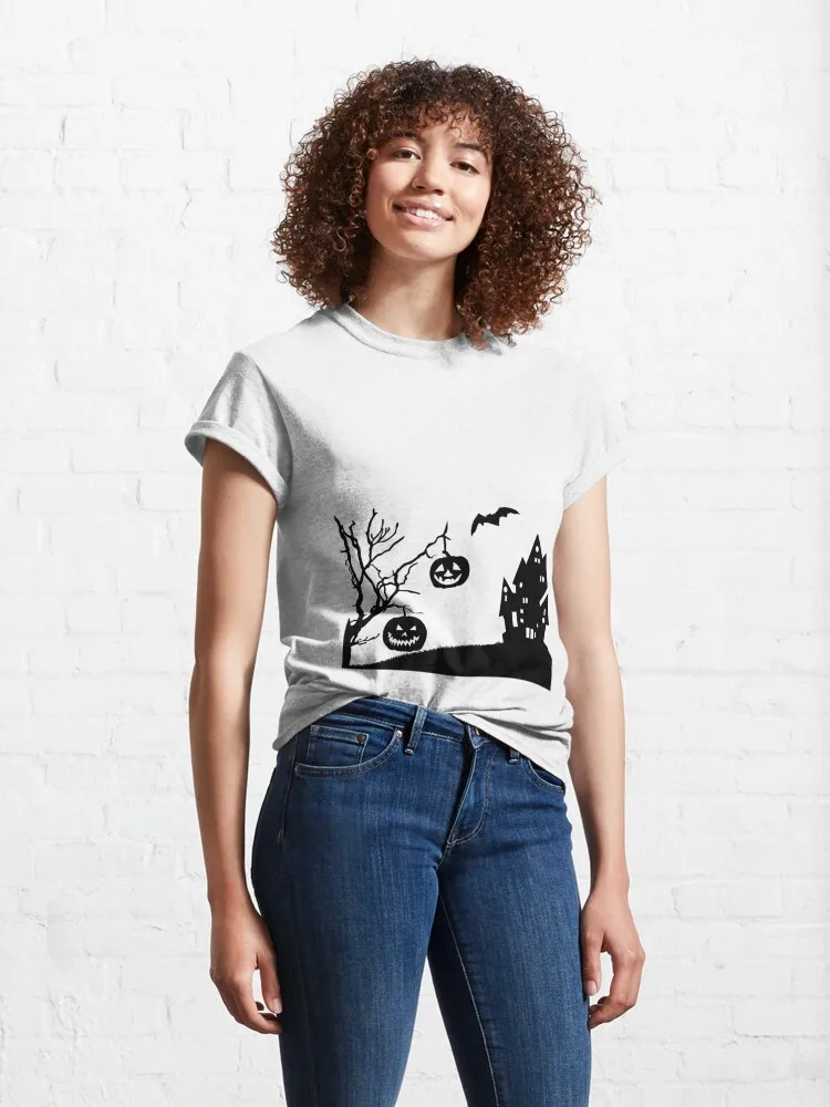 Spookhuis Halloween Silhouet, Klassiek T-Shirt 100% Katoenen Dameskleding