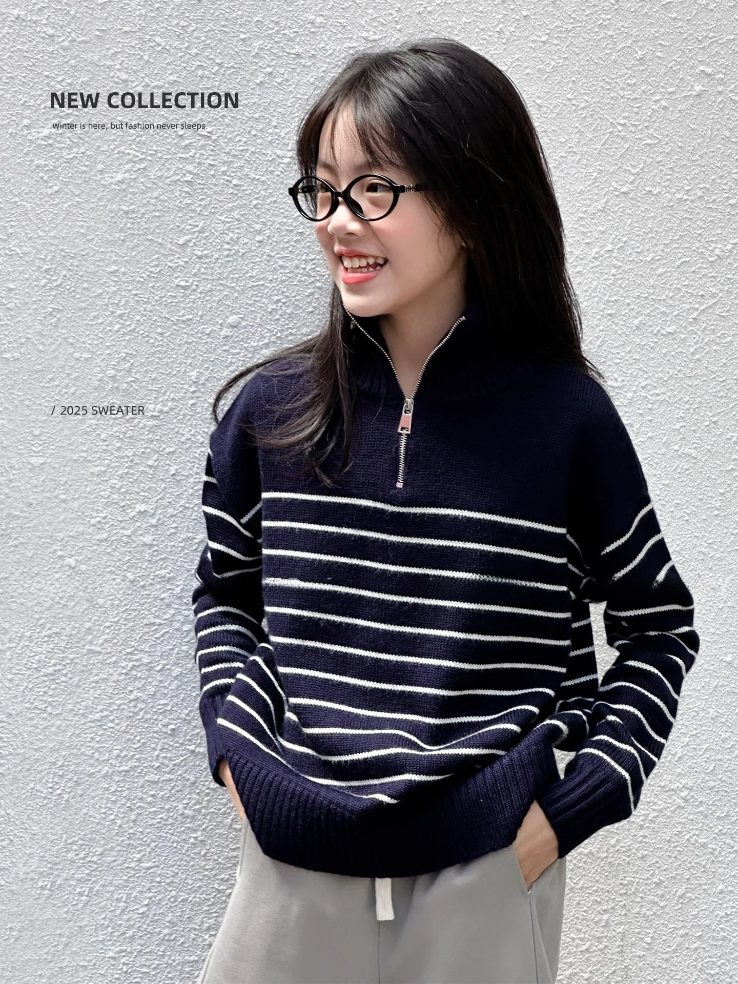 leohappy-girls'-knitted-wool-sweater-stripe-design-stand-collar-warm-top-for-autumn-winter-children's-clothing-kids'-knitwear