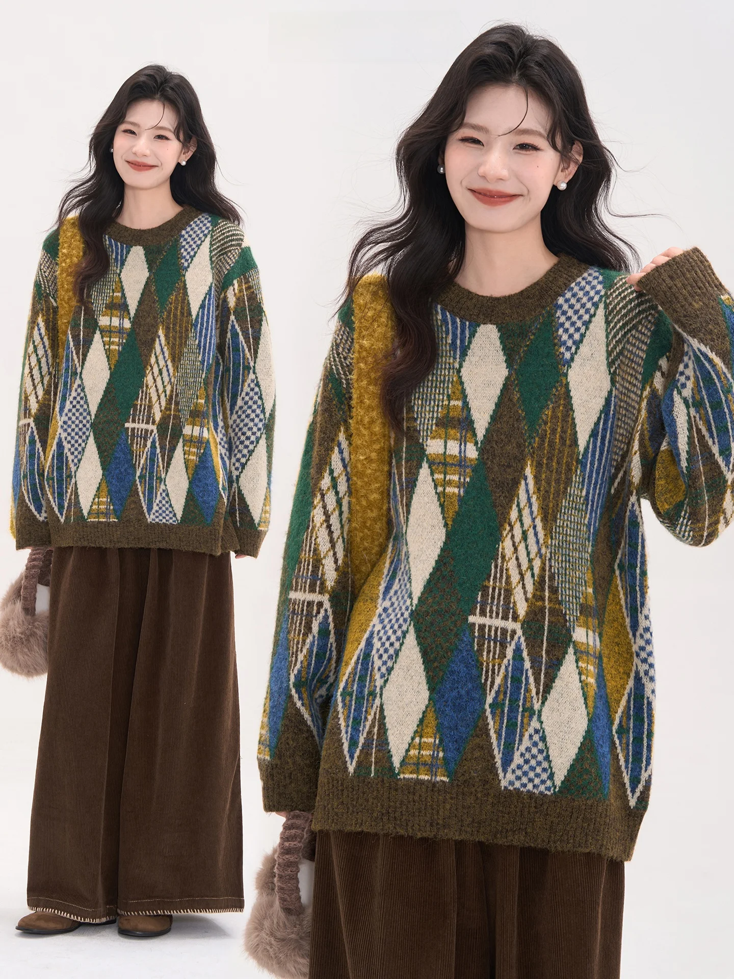 

Heme 5 Wool Geometric Pattern Knitted round Ne Sweater Women's Autumn Winter Lazy Knitwear Casual Commute Sle Thiened L...