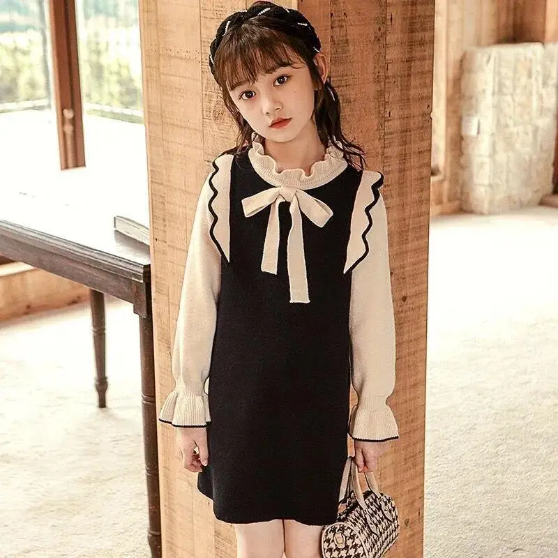 

Kawaii Girl Pullover Dress Fashion Student Autumn and Winter Casual Round Neck Knitwear Tops Sweater Skirt Children's Clothing