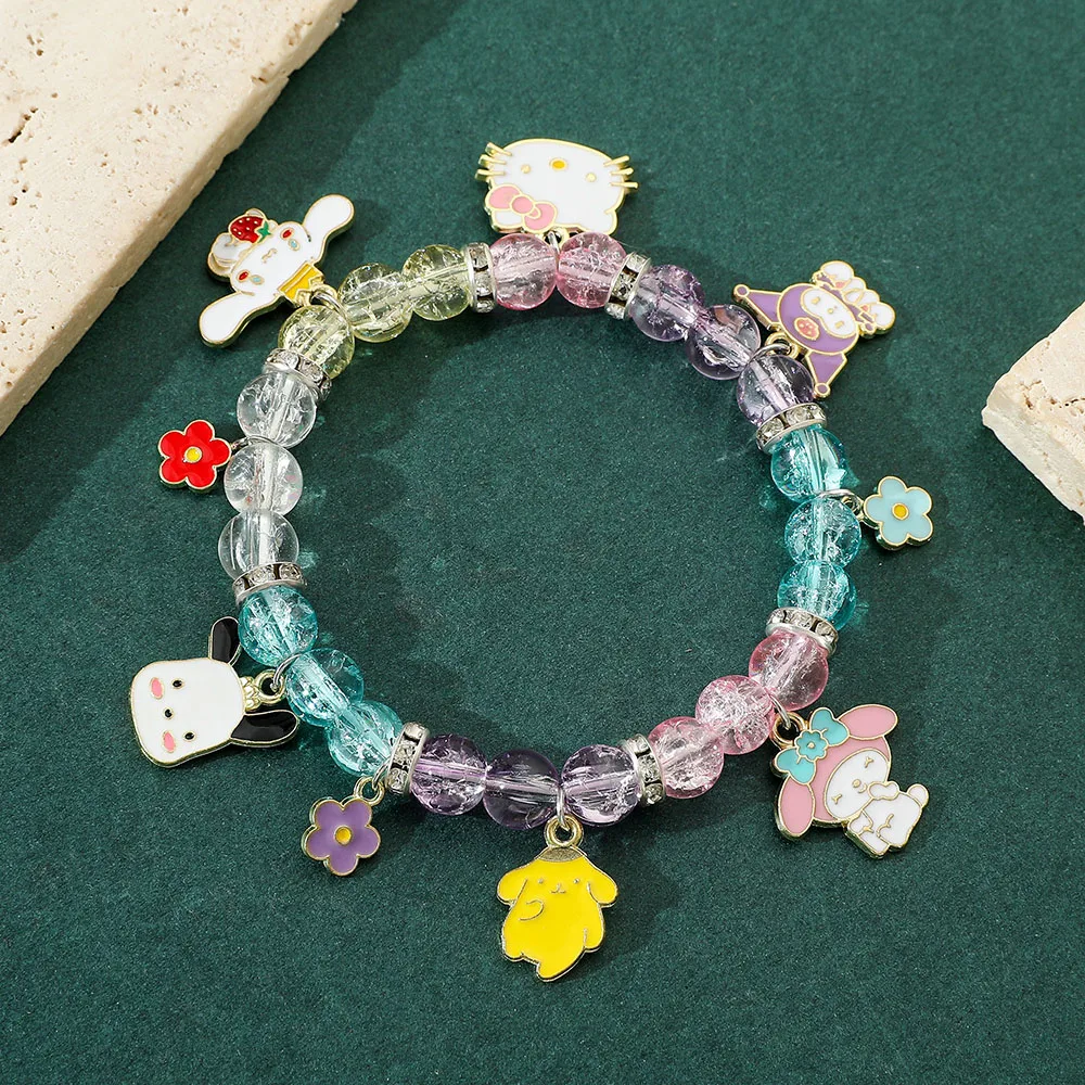 Sanrio Melody Cartoon Bracelet for Girls, Hello Kitty, Kuromi Pompompurin, Girls Crystal Beads, Cinnamoroll Student Jewelry