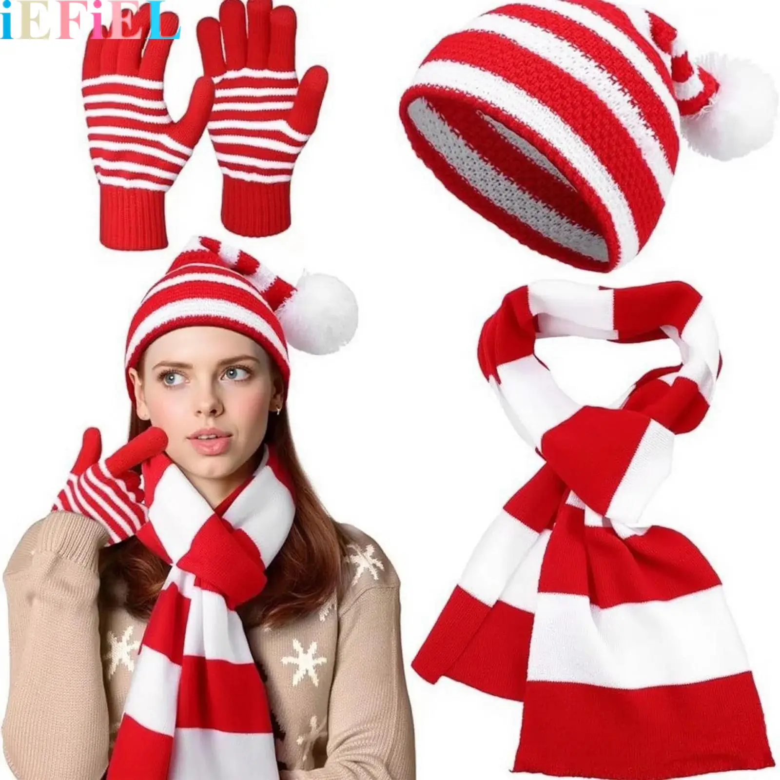 

Unisex Knitted Xmas Caps Christmas Knitted Hat And Scarf Set With Or Without Gloves Beanie Warm Scarf Set Pom-pom