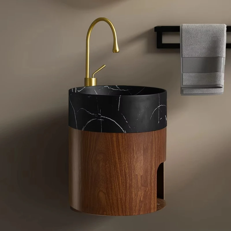 

Black marble pattern washbasin, wood-grain stainless steel washroom corner wall-mounted mini small washbasin