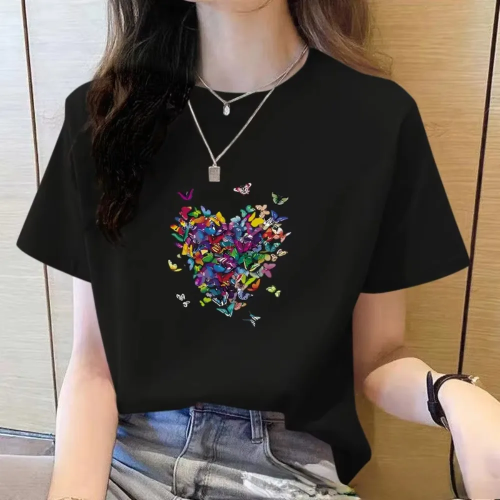 Summer Loose Women T-Shirt High Quality O Neck Butterfly Pattern Short Sleeve Women's Business Wear Short Sleeve T-Shirt