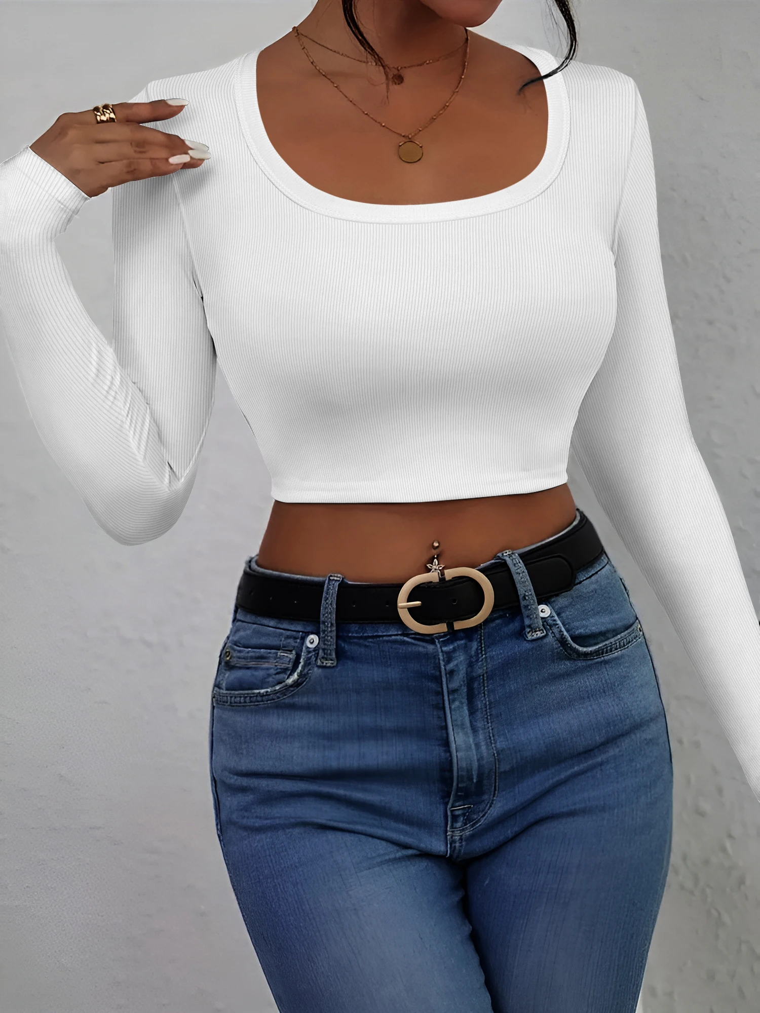 Brunch-Friendly Ribbed Crop Shirt, Slim Square Neck Blouse for Urban Leisure & Girl Meetings