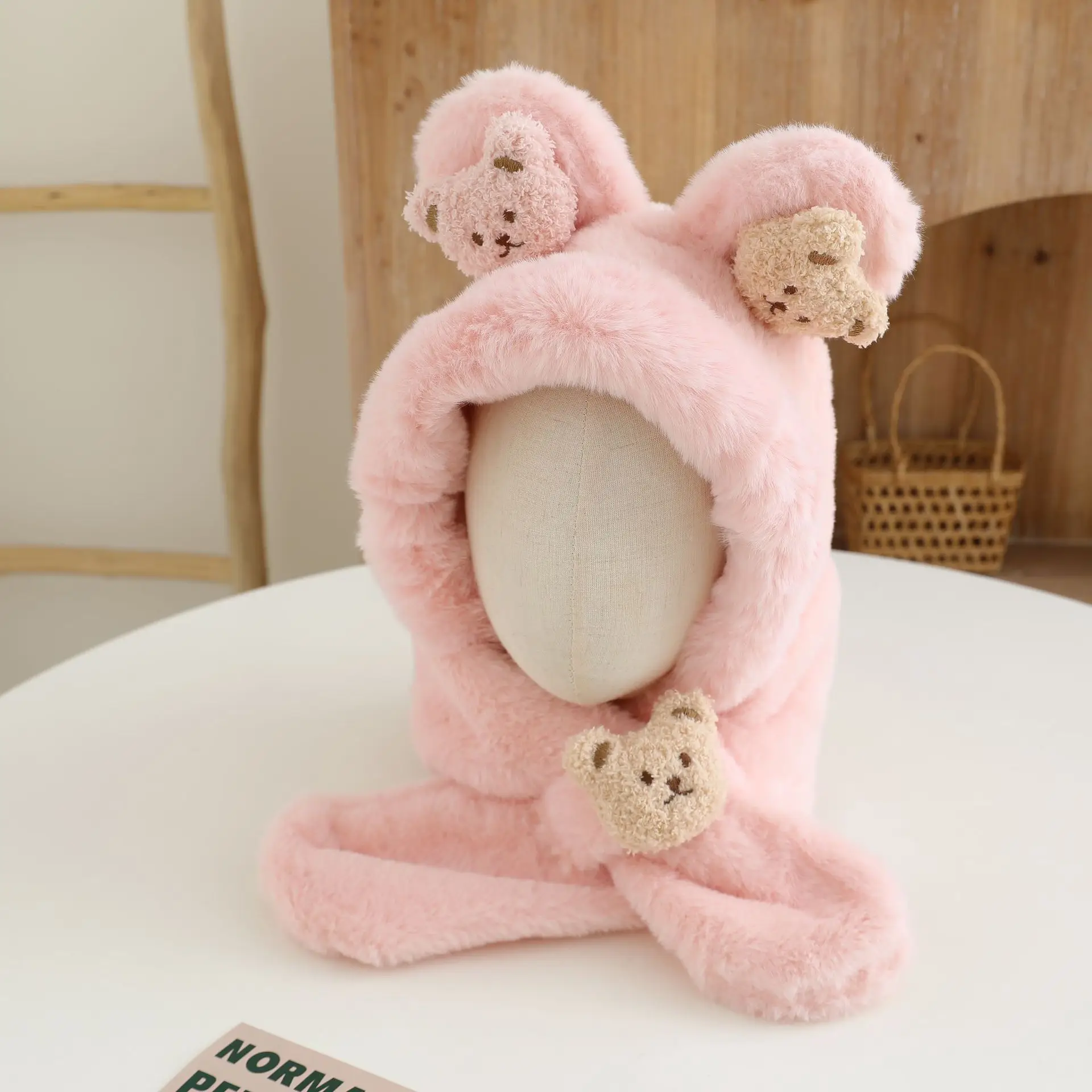 Winter-Baby-Plüsch-Mütze-Schal-Set, Cartoon-Bär-Beanie, warmes Samt-Kinderhalsband, 6-24 Monate, Ohrenschutz, Pullover-Mütze – Detail 7