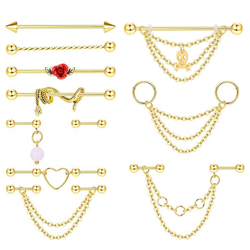 Guemcal 10 Pc Populaire Industriële Staaf Oorbeen Stud Set Rose Slang Ketting Oorbellen Piercing Piercing Stud