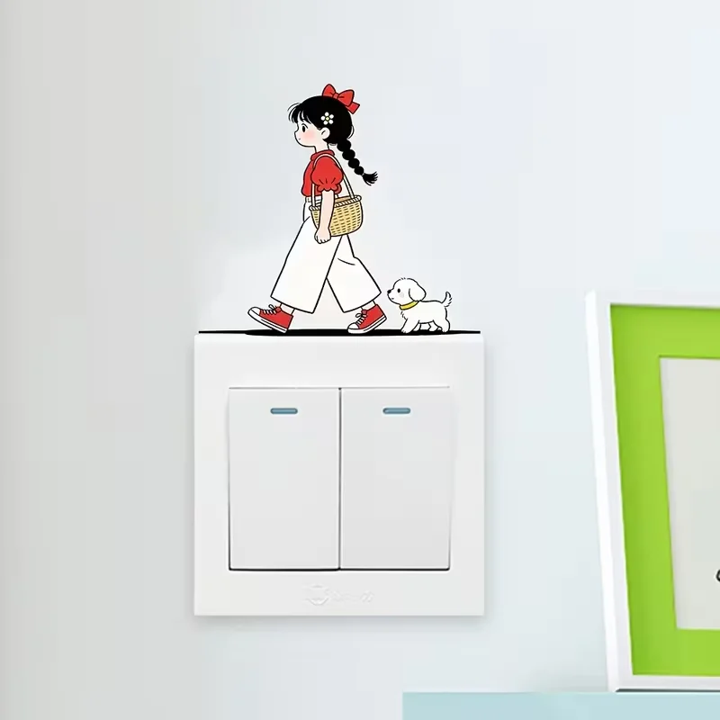 1PC cute girl walking dog pattern switch wall sticker, PVC sticker, suitable for home decoration socket switch wall sticker
