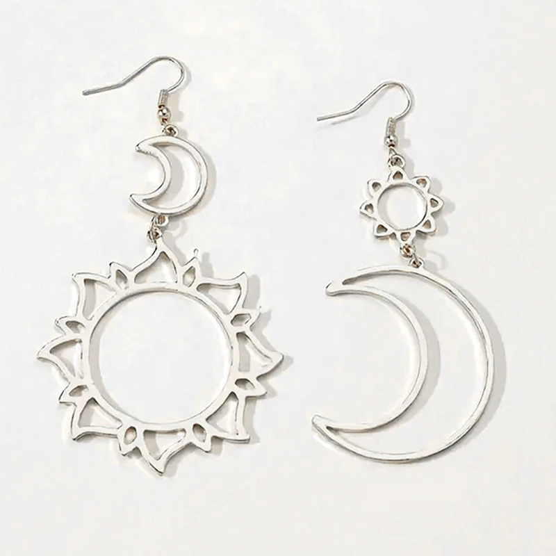 Vintage Big Hollow Moon Sun Pendant Earrings For Women Silver Color Asymmetric Earrings Party Jewelry