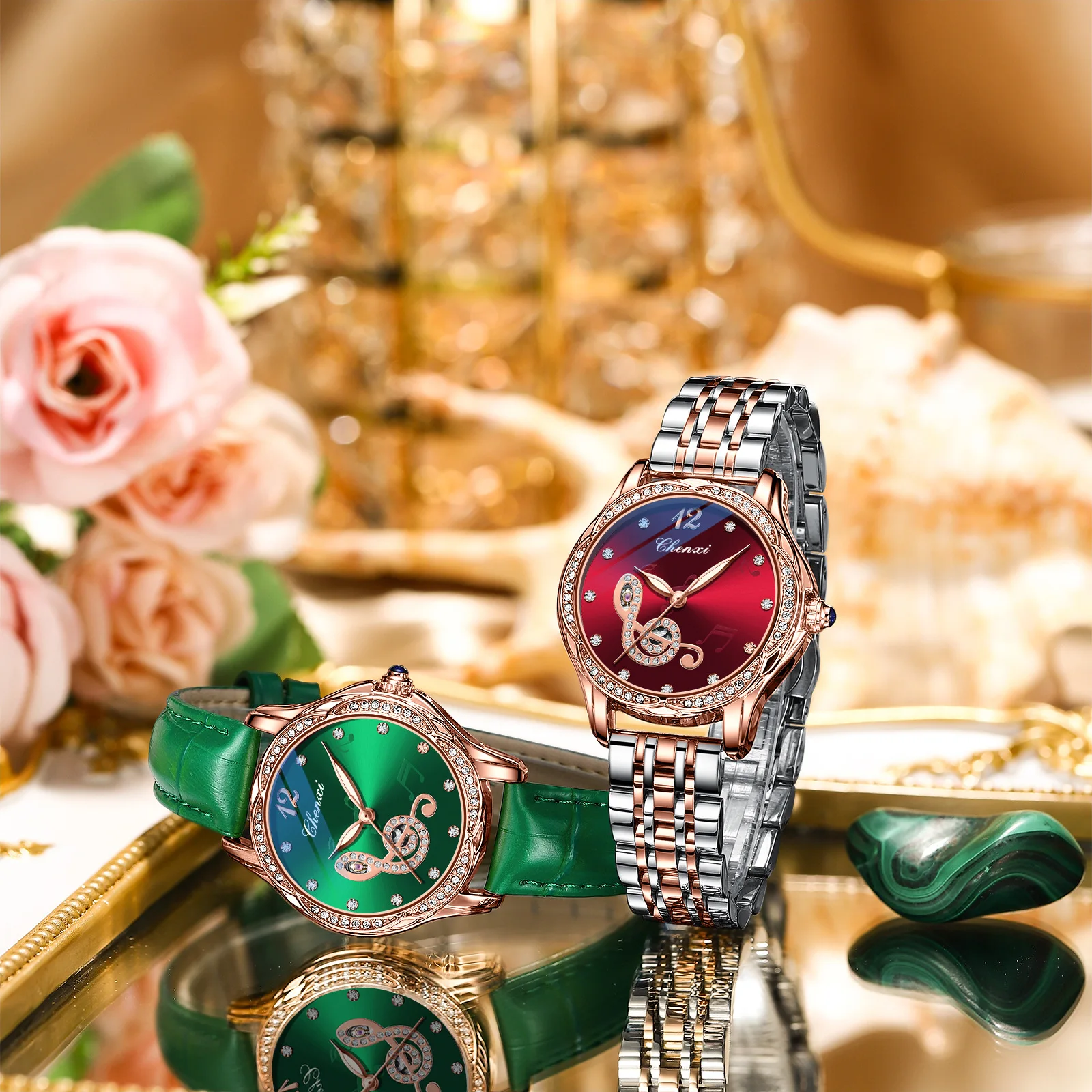2026 automatic mechanical watch women's steel belt double-sided hollow watch diamond-encrusted fashion luminous waterproof