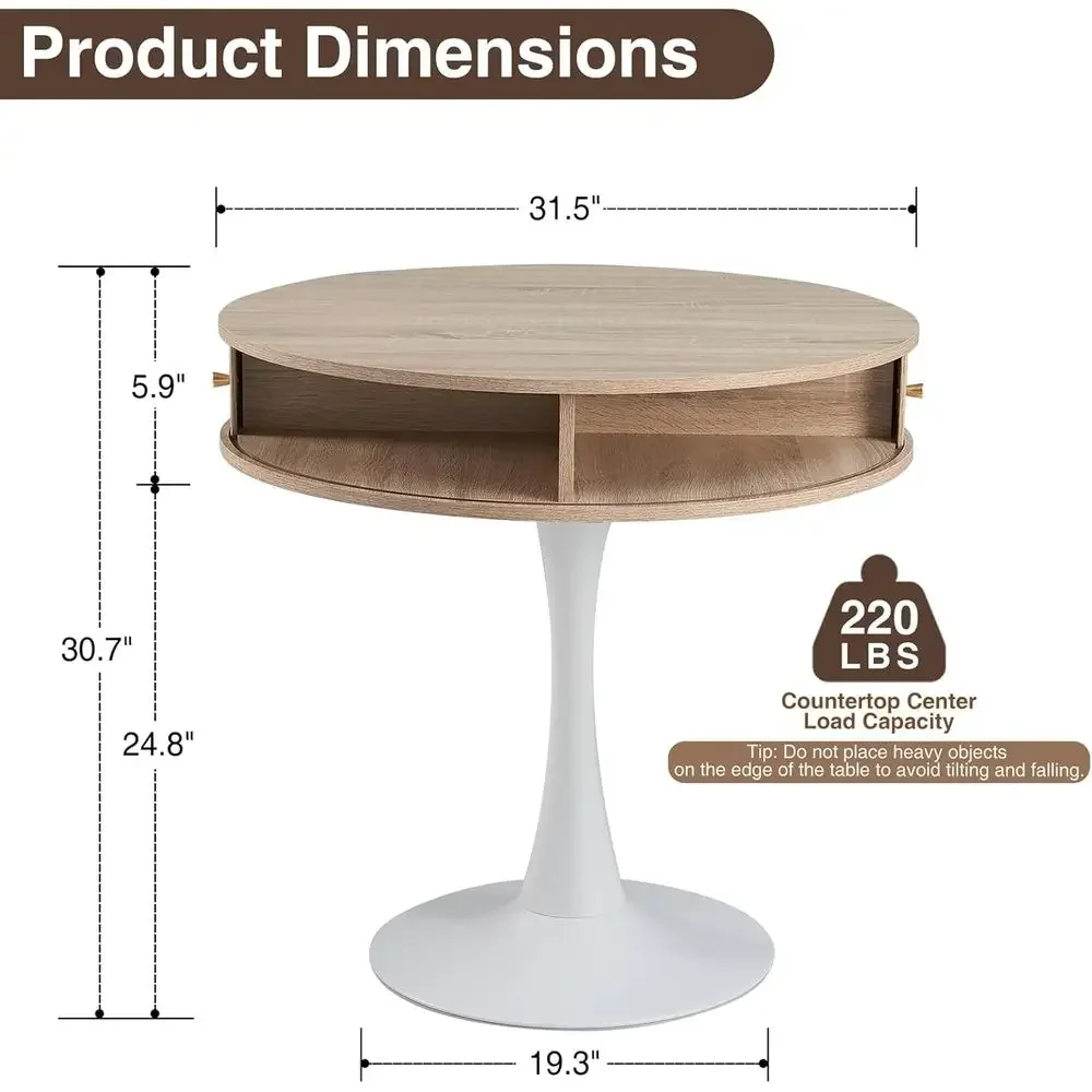 31.5 Round Oak Pedestal Kitchen Table with Storage, 2-4 Seater, Small Tulip Breakfast Desk with Sliding Door