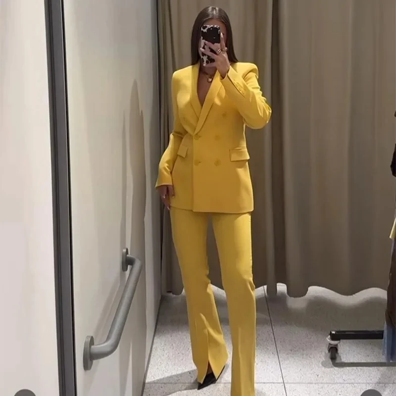 

Suit Sets Women Elegant Yellow Lapel Single Breasted Suit Wide Leg Trouser 2025 Spring Urban Chic Lady Suit
