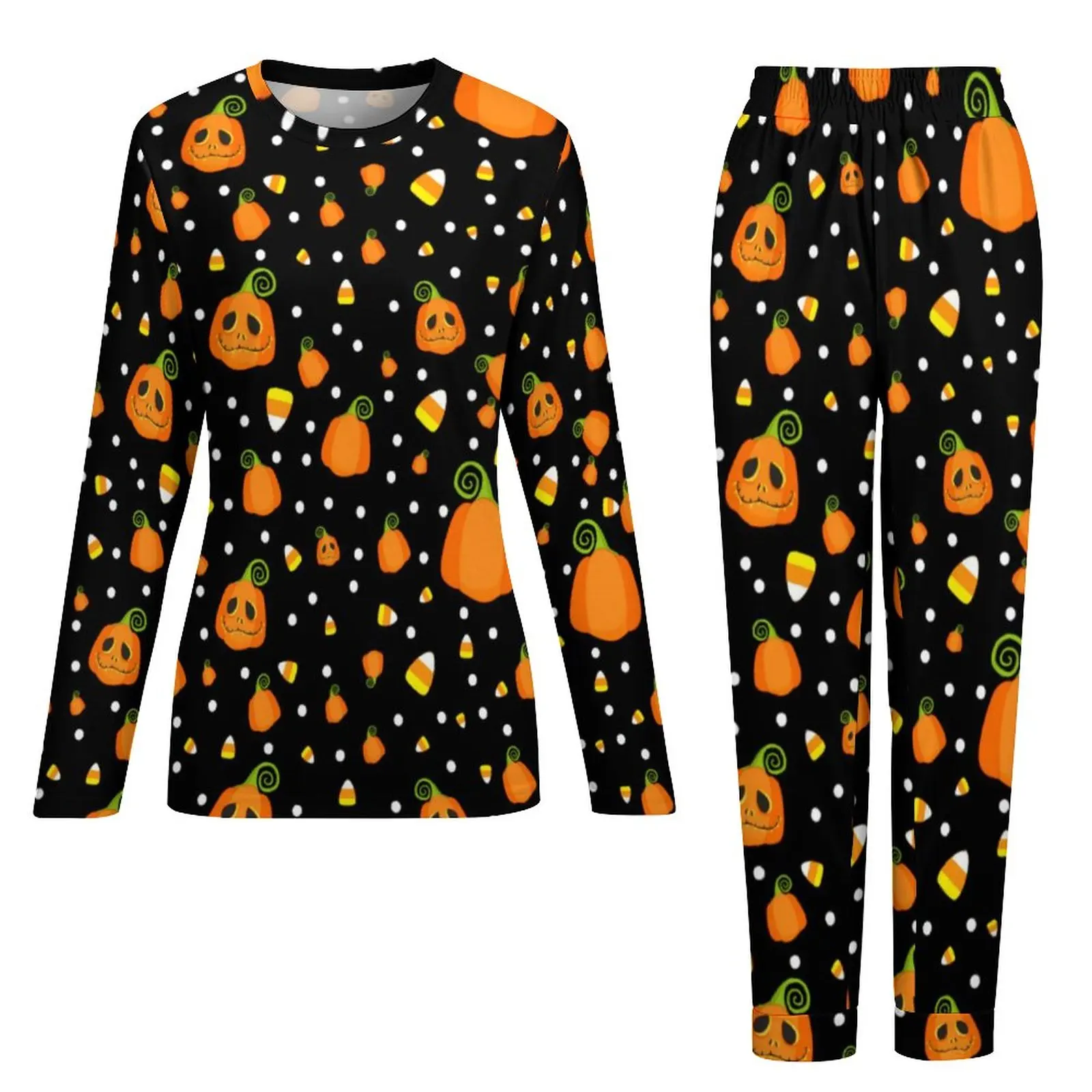 Fun Halloween Pajamas Whimsical Pumpkins Print Elegant Pajamas Set Female 2 Pieces Home Oversized Printed Home Suit Gift