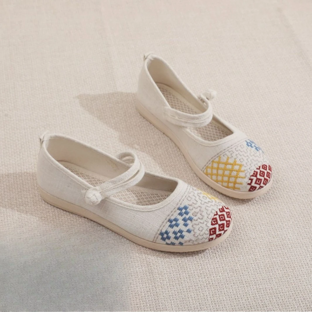 Women's Gray/Beige Linen Patterned Mary Jane Comfort Flat Shoes for Daily Casual Q-145