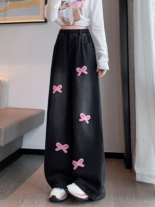 Authentic Embroidered  Knot High Waist Straight Leg Jeans Loose Women's Casual Pants Cotton Blend Wide Leg Trousers