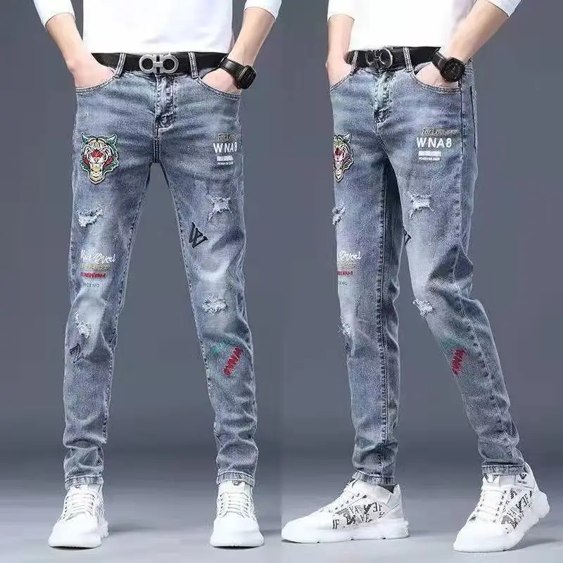 Men's Clothing Spring and Summer high quality Jeans Trendy Brand Ripped Hot Drilling Slim-fit Skinny Pants Trousers