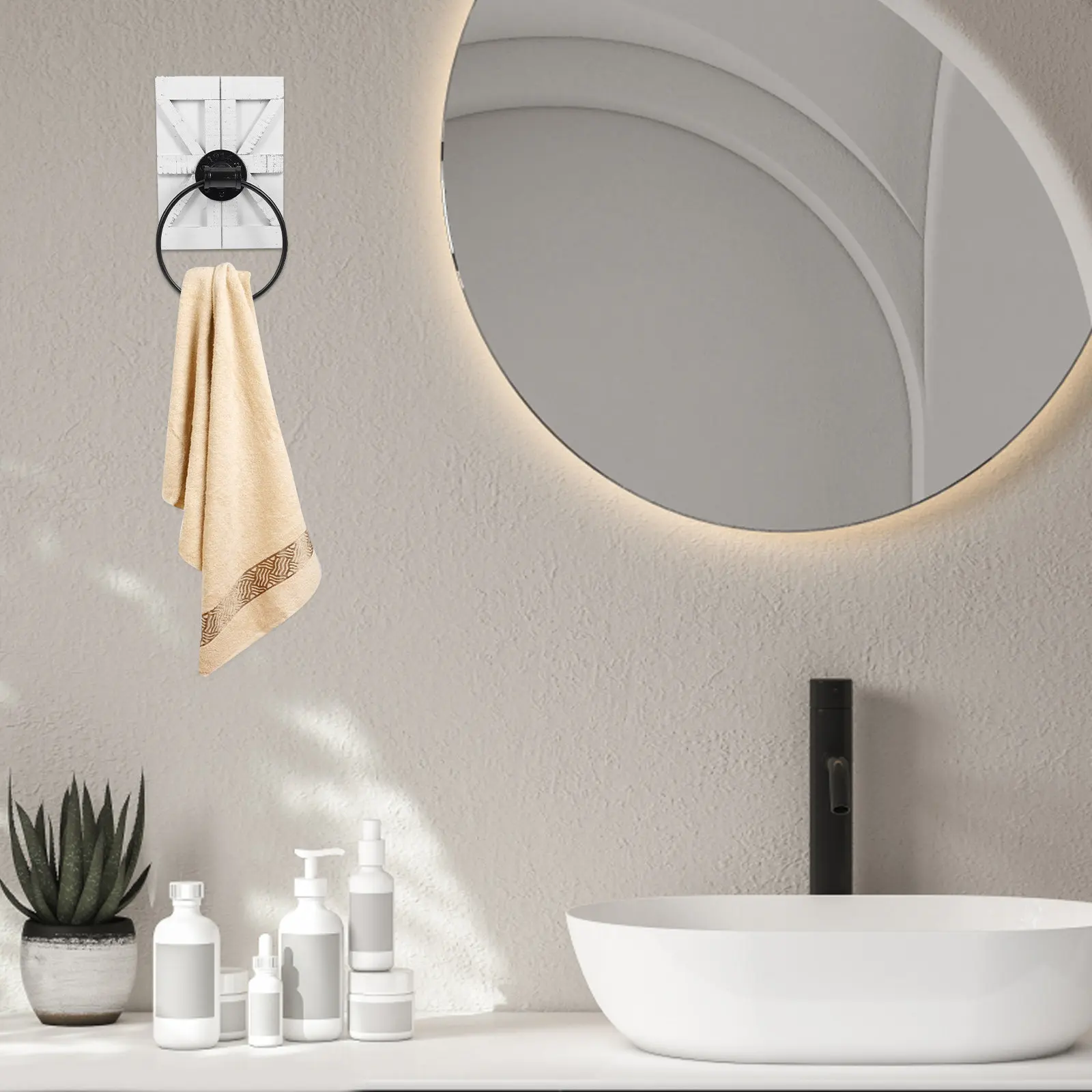 

Rustic Iron Wall Mounted Towel Ring Vintage Hand Towel Holder Bathroom Kitchen Storage Rack with Wood Backing White