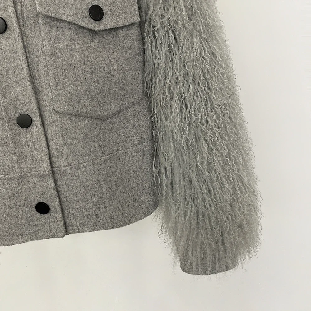 OFTBUY réel manteaux de fourrure mongole femme veste de laine automne manteau de laine poche manches longues femmes recadrée laine mélange vêtements d'extérieur