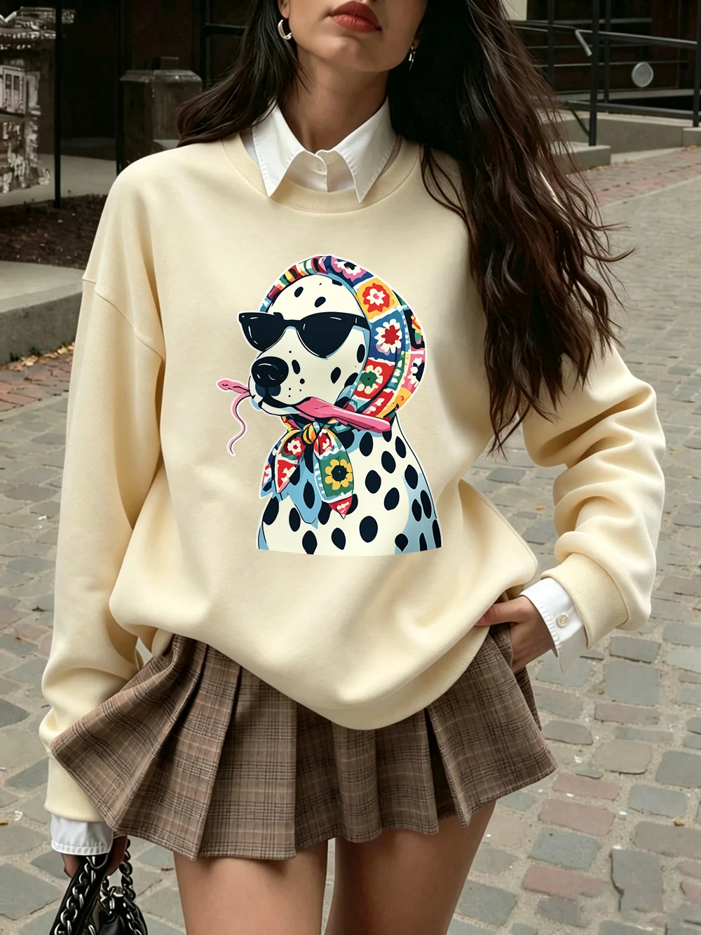 Blumenmuster Kopftücher Gepunktete Hunde-Prints Sweatshirts Damen Lose Basic-Hoodies Fleece Warme Rundhals-Pullover Winter Damen-Oberteile – Detail 12