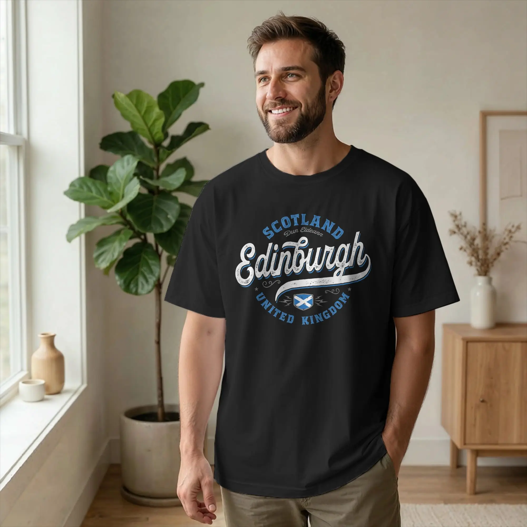 Edinburgh Scotland United Kingdom Men's T Shirts UK Flag Fashion Tees Short Sleeve Round Collar T-Shirt Cotton Graphic Clothes