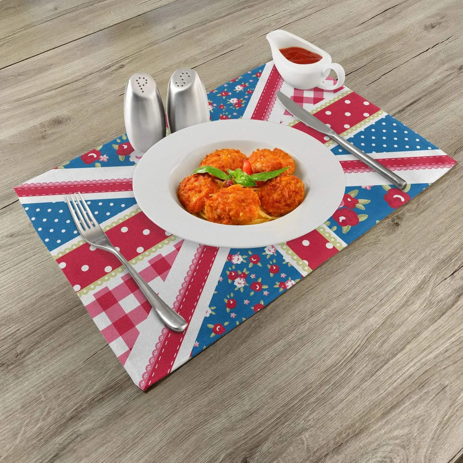 Tea Place Mats Set of 4 British Flag in Floral Style Retro Polka Dots Country Culture Washable Fabric Placemats for Table