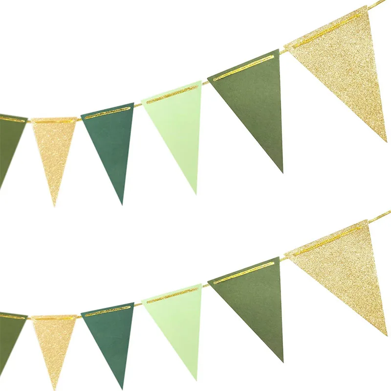 Gold Green Triangle Banner Safari Jungle Birthday Decoration Bunting for Birthday Nursery Anniversary Pennant Graduation Flags