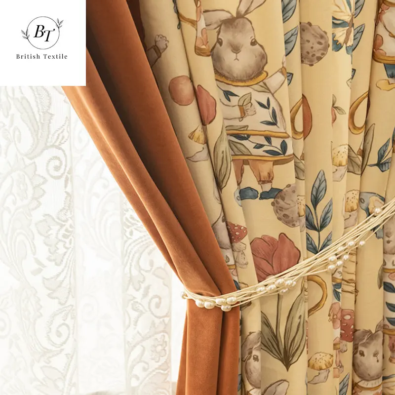 

2023 French Curtains for Living Dining Room Bedroom Cute Rabbit Print Splicing Window Lace Tulle Children's Room Customization