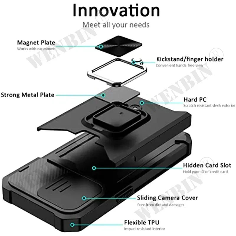 Case For iPhone 16 15 14 13 12 11 Pro Max Plus XR X XS 7 8 Heavy Duty Protection With Sliding Camera Cover And Card Clip Cover